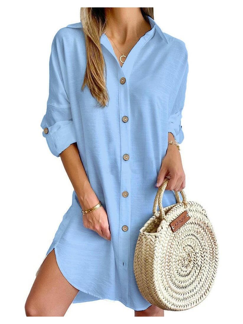 Cassy women's white button-up shirt dress relaxed fit with roll-up sleeves beach casual style
