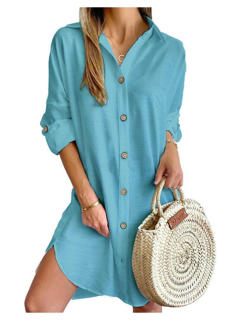 Cassy women's button-up shirt dress relaxed fit with roll-up sleeves for beach and casual wear