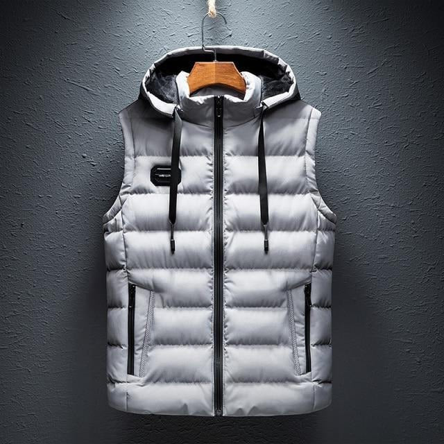 Men's sleeveless hooded vest neutral tone lightweight insulated layering piece for year-round wear