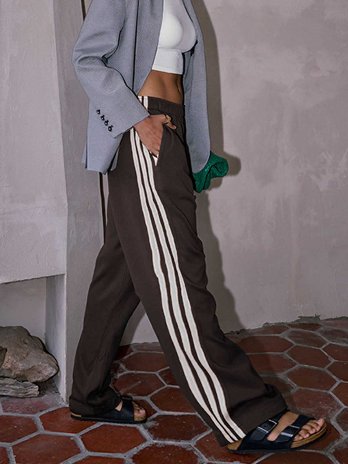 Women striped patchwork high waist casual pants in soft sweatshirt fabric with slight stretch
