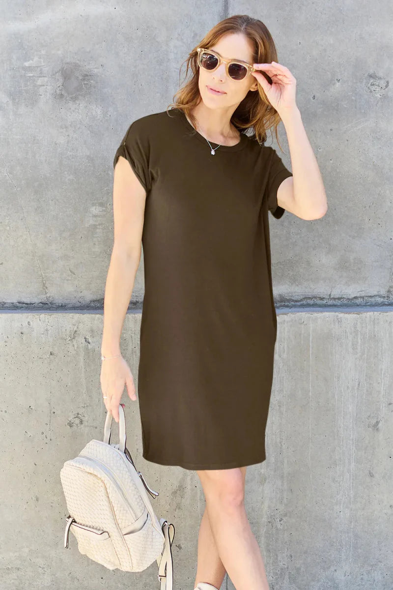 Women's casual gray t-shirt dress relaxed fit stretch fabric everyday comfort sleeveless minimalist style
