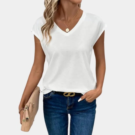 Women's white V-neck T-shirt relaxed slim cut layering essential for casual refined outfits