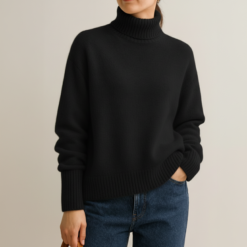 Women's ivory cashmere oversized turtleneck sweater with thick knit texture and fold-down collar