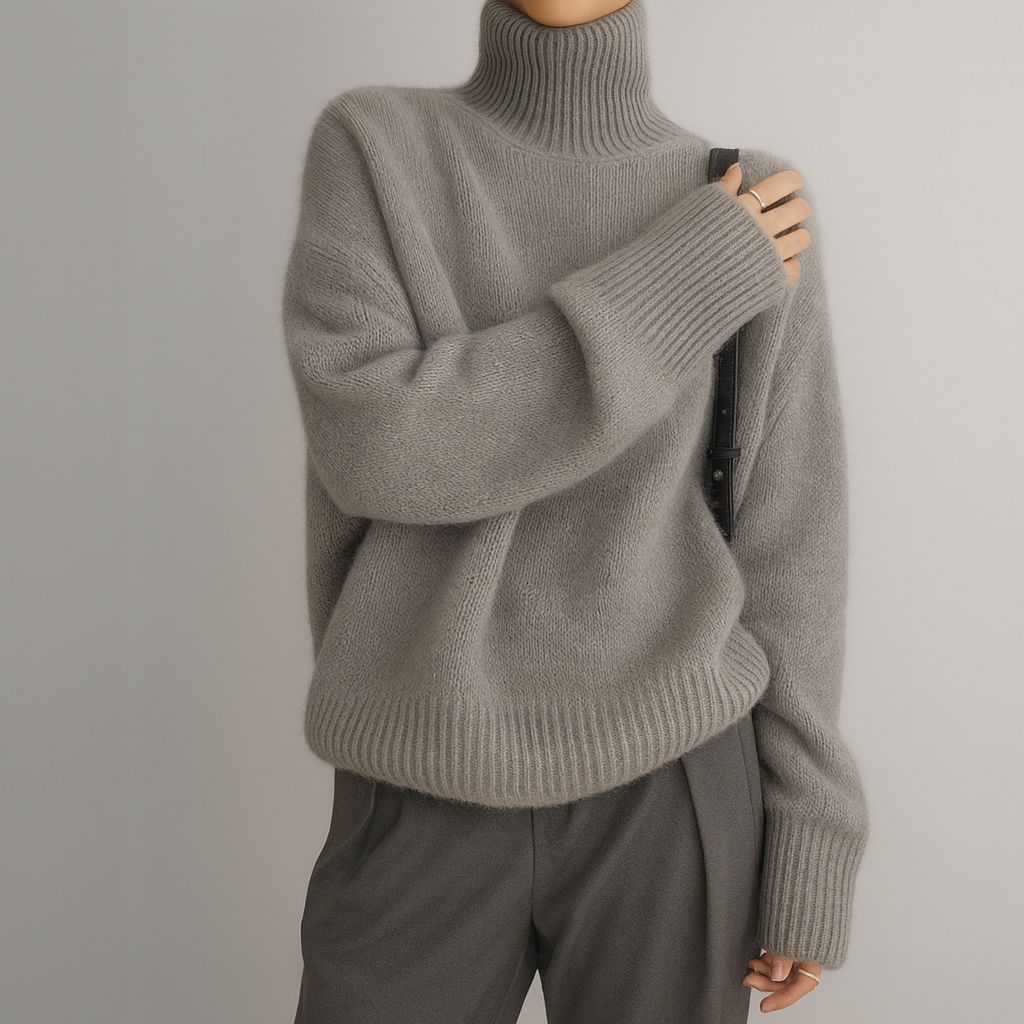 Women's ivory cashmere oversized turtleneck sweater with thick knit texture and fold-down collar