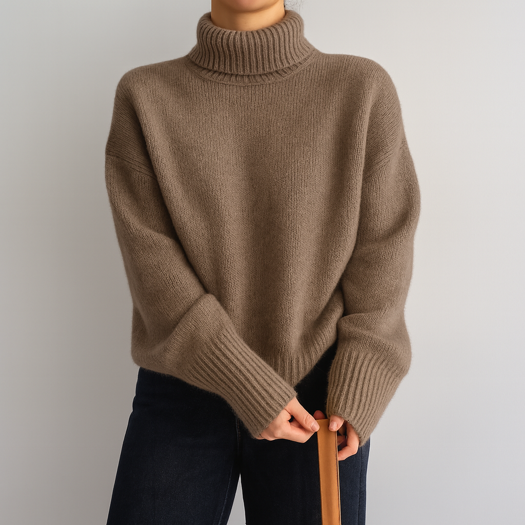 Women's ivory cashmere oversized turtleneck sweater thick knit fold-down collar premium soft