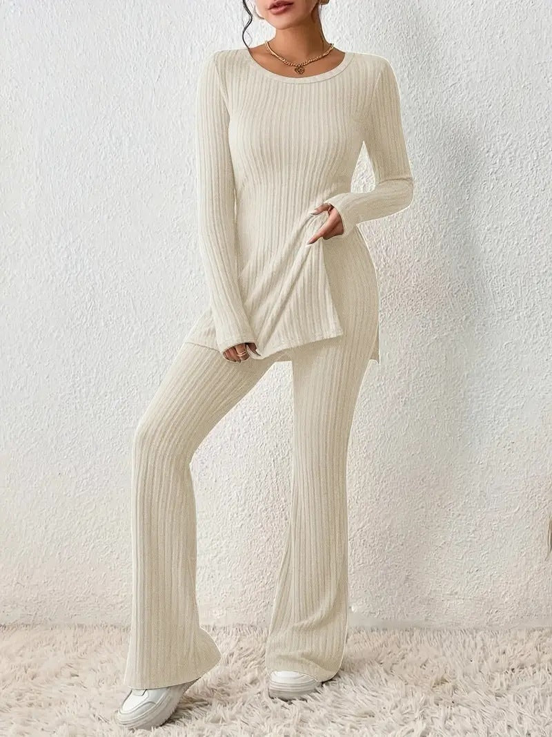 Women's two-piece knit set long-sleeve top and wide-leg pants soft stretchy elegant comfort outfit