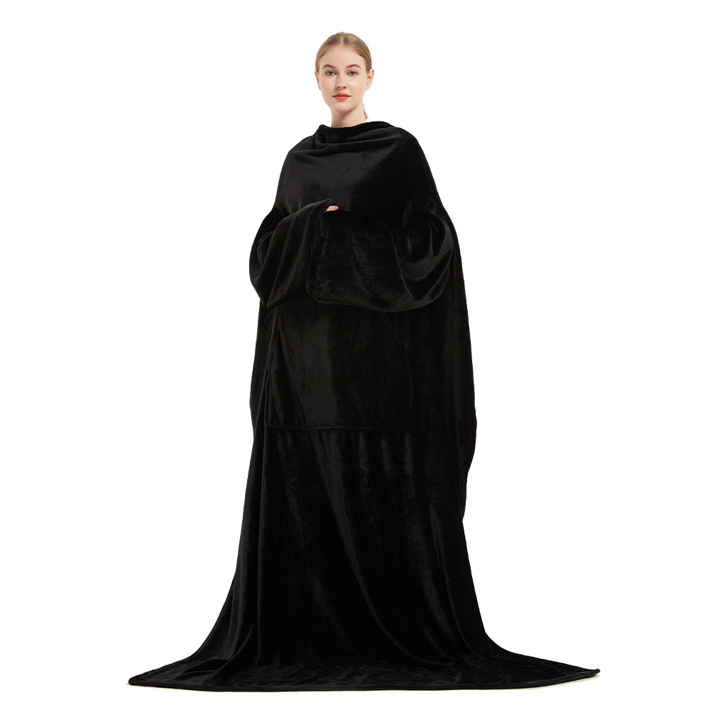 Soft plush fleece wearable blanket wrap with front pocket loose fit for travel and home warmth