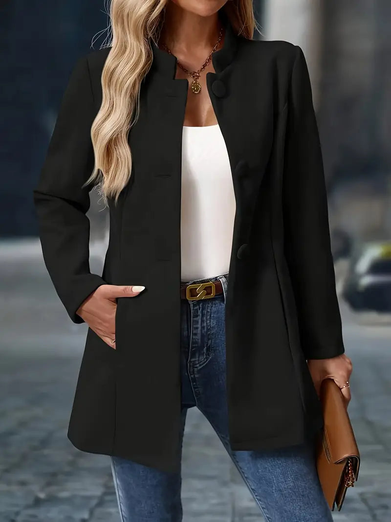 Women's beige minimalist structured button coat tailored silhouette with clean button-front closure