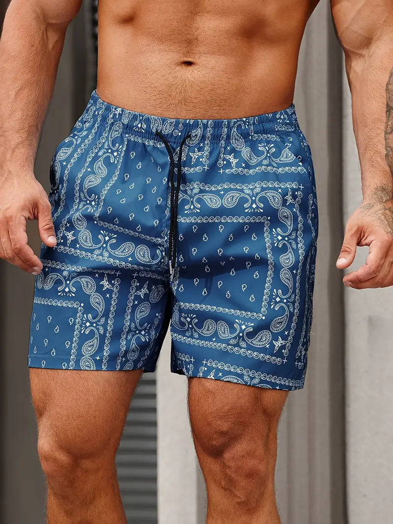 Men's bandana print swim shorts relaxed mid-thigh fit quick-dry beach pool style