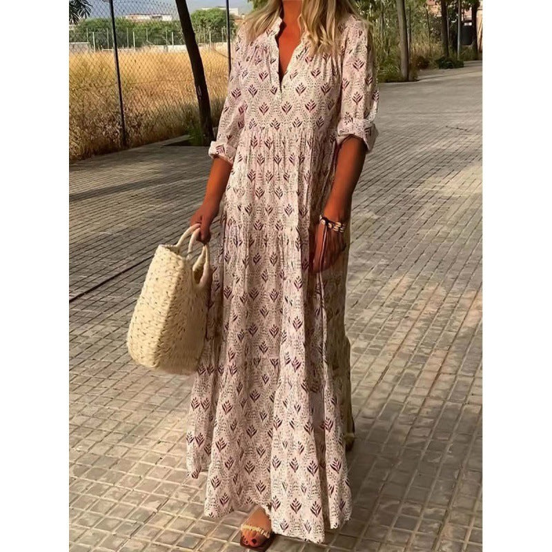 Women's boho pleated maxi dress with shirt collar in pink gray green blue casual summer