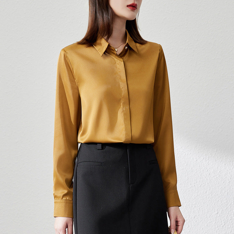 Women's elegant long-sleeve satin blouse in luxurious finish, versatile urban style for business occasions