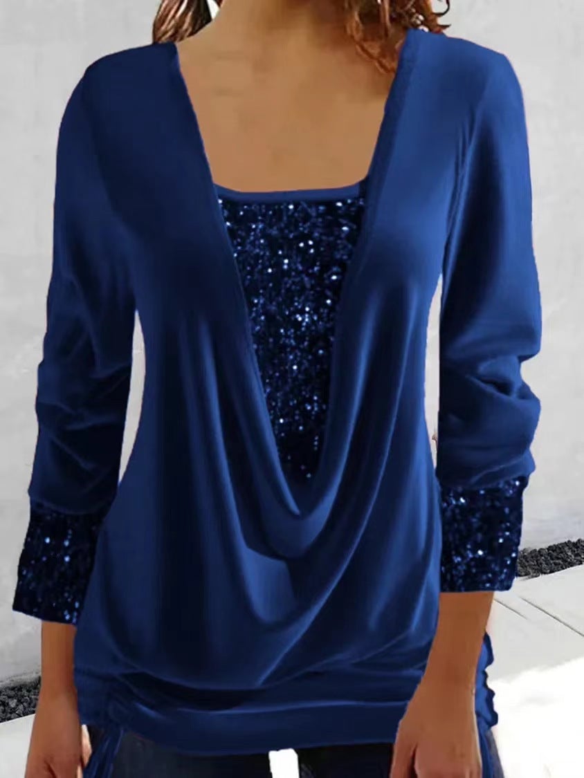 Women's elegant sequin glitter blouse soft cotton blend sparkling glamour festive occasions relaxed fit