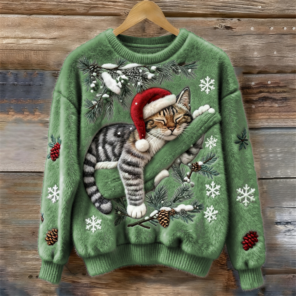 Cozy red festive knit sweater relaxed fit with sleepy cat in Santa hat holiday print
