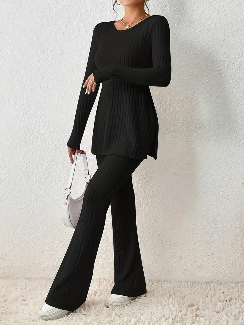 Women's two-piece knit set long-sleeve top wide-leg pants soft stretchy elegant comfort lounge outfit