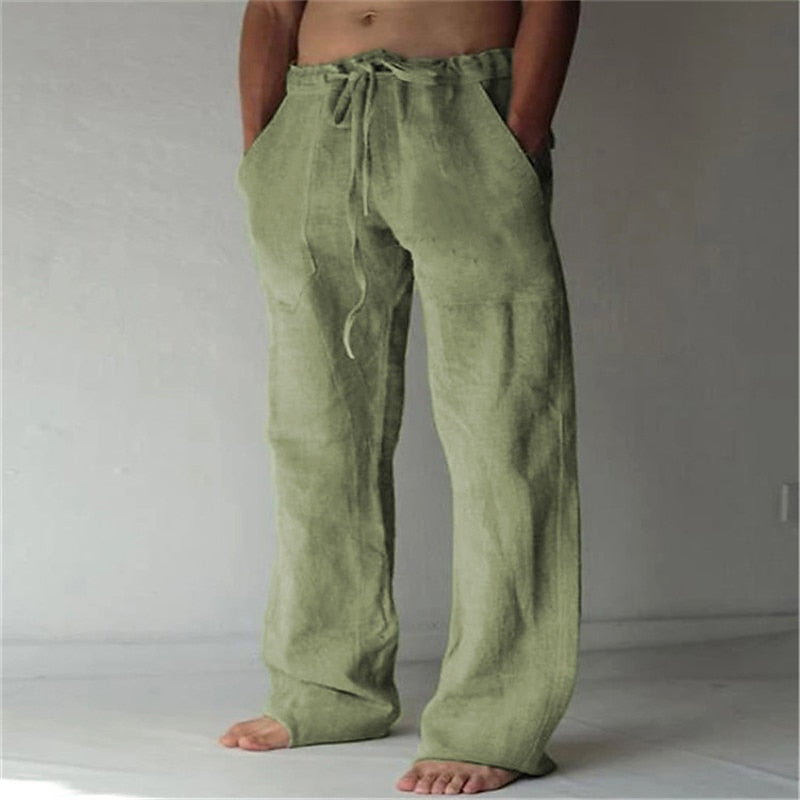 Men's beige linen blend relaxed fit casual pants lightweight breathable summer style