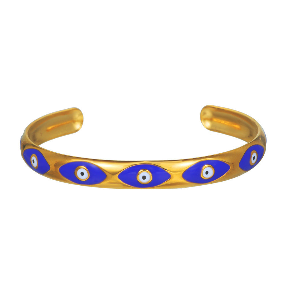 Women's gold-toned Nazar Evil Eye bracelet with colorful accents, elegant everyday protective jewelry