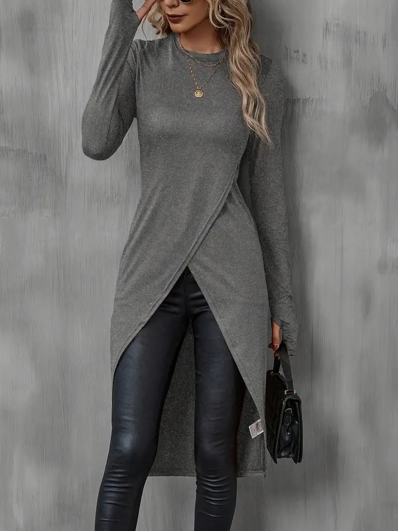 Women's long sleeve wrap tunic in soft stretch knit with asymmetrical wrap-front flattering drape