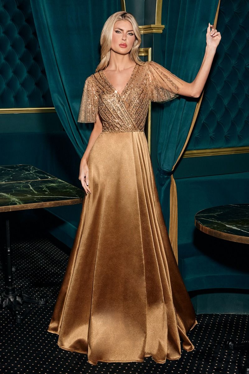 LaDivine CC447 beaded mother of bride A-line gown sequined bodice satin skirt formal dress