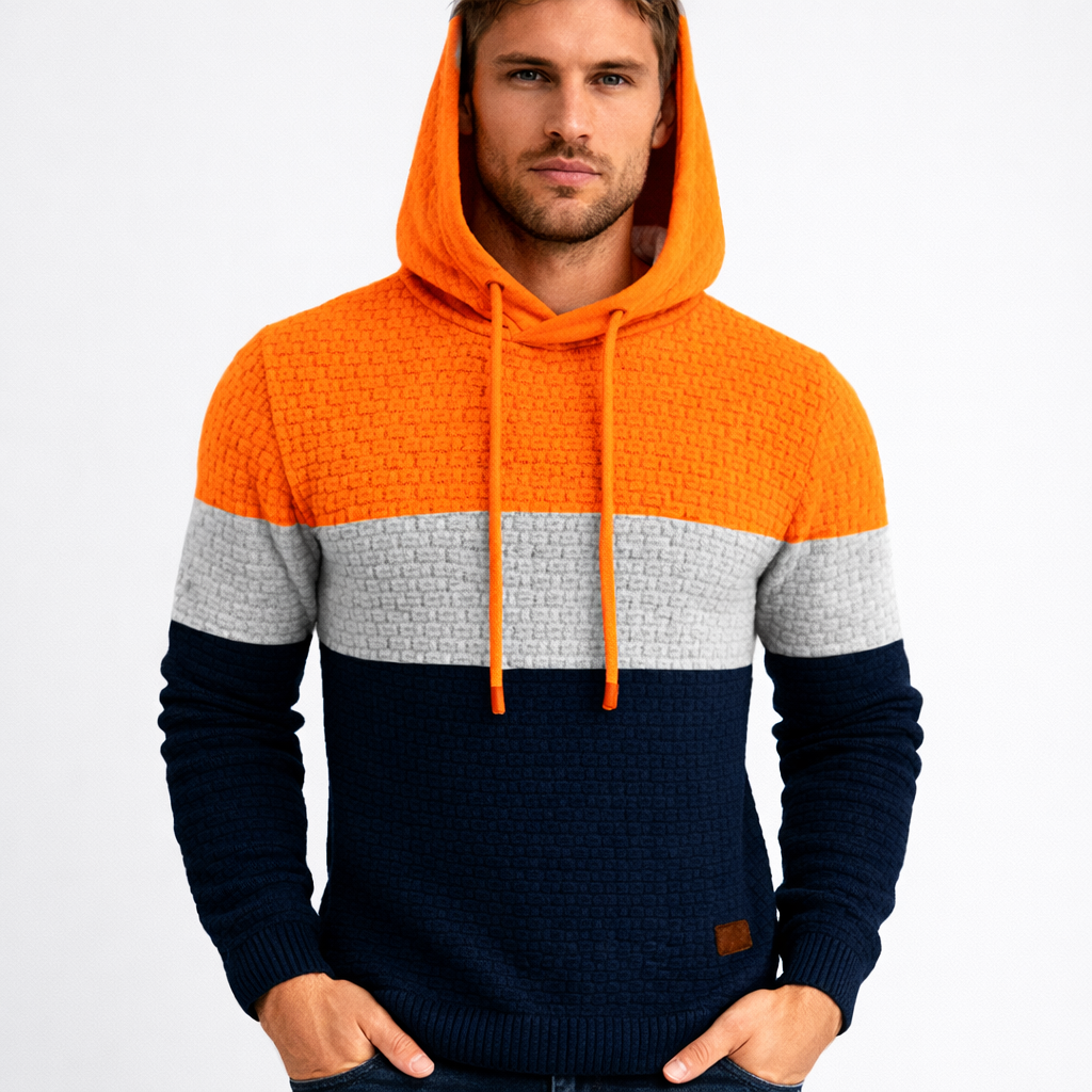 Men's color block textured knit pullover hoodie with drawstring hood and ribbed cuffs regular fit