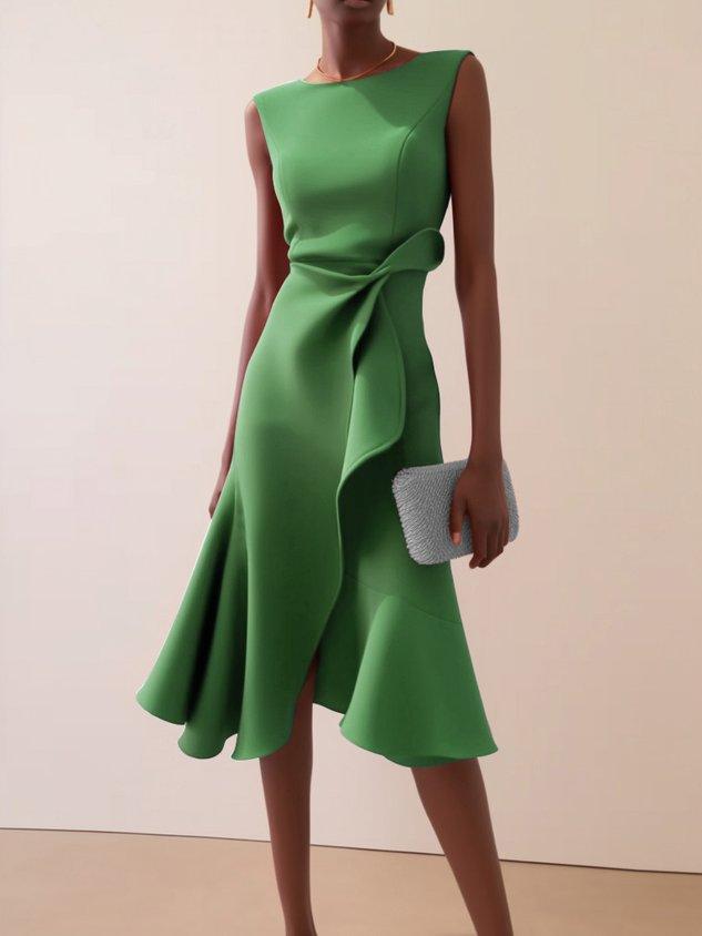 Red sleeveless midi dress with ruched twist waist, fluid A-line silhouette for day-to-night wear