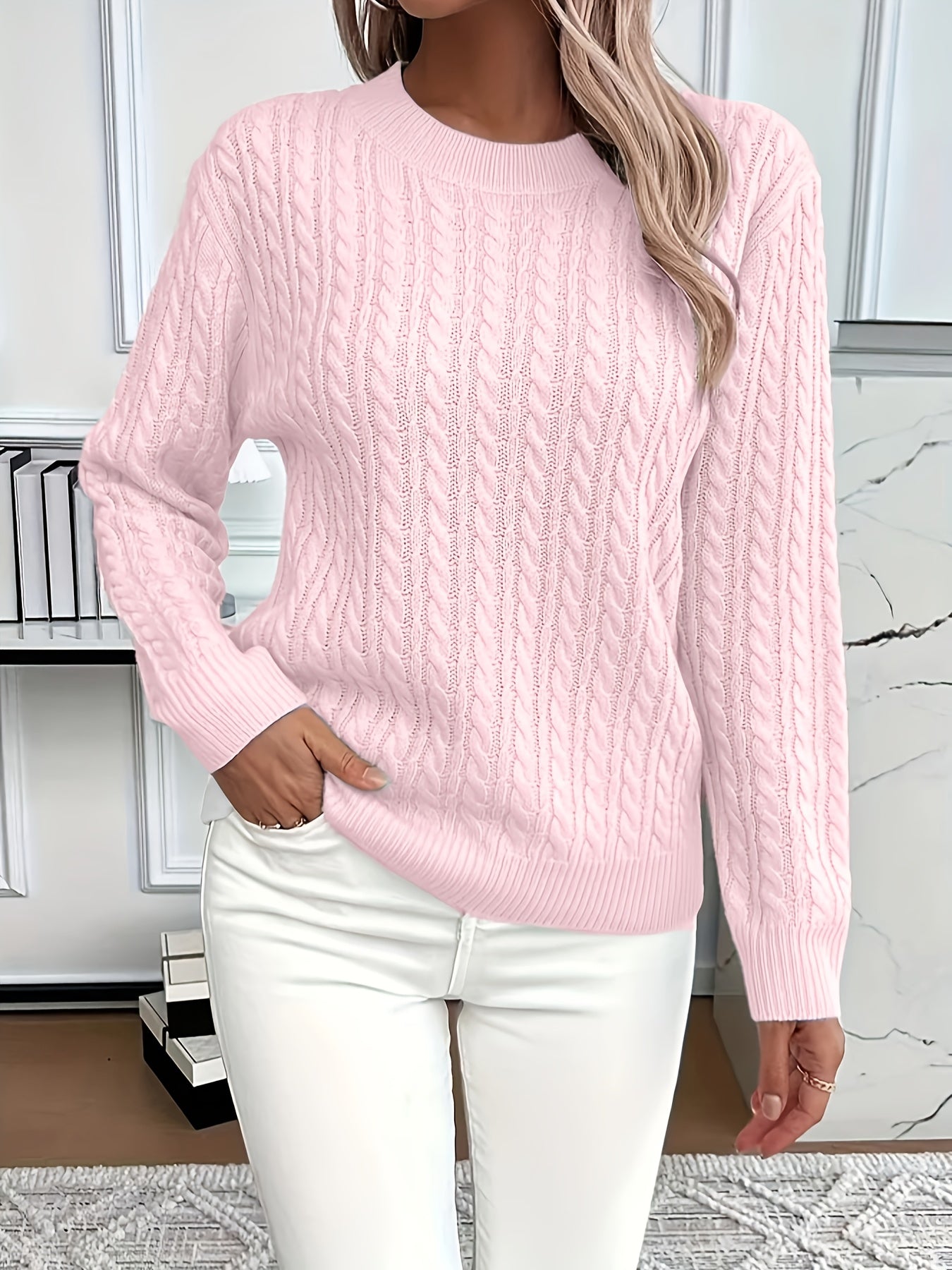 Women's cream cable knit crewneck sweater, relaxed fit with classic textured pattern for everyday layering