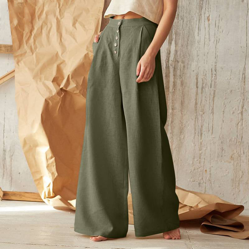 Unisex vintage cotton nylon casual pants with button-down front pockets in solid neutral tones