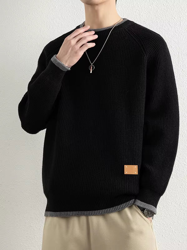 Men's heavyweight ribbed knit crewneck sweater cotton blend with tailored seams, clean silhouette