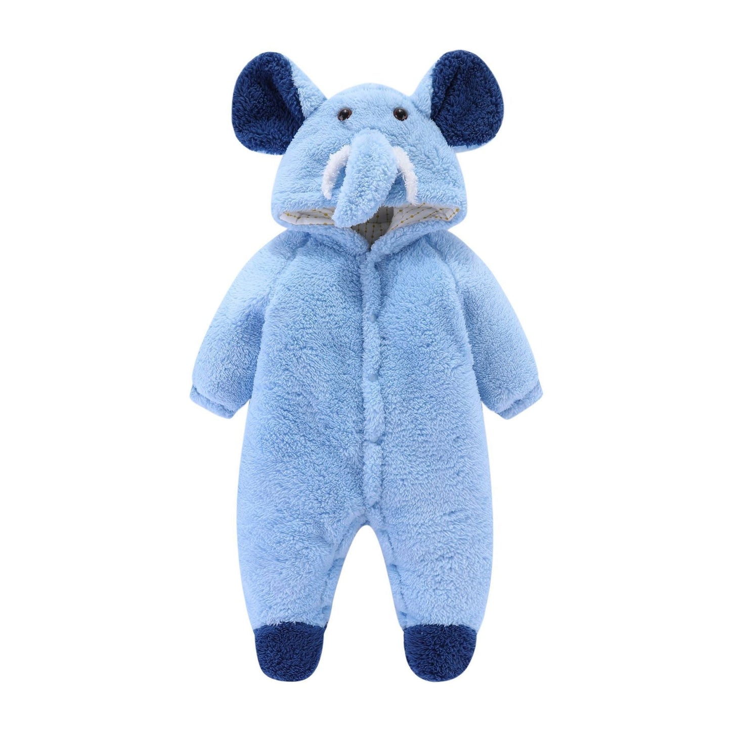Soft fluffy baby romper with animal hood in plush fabric, cozy infant one-piece for newborns