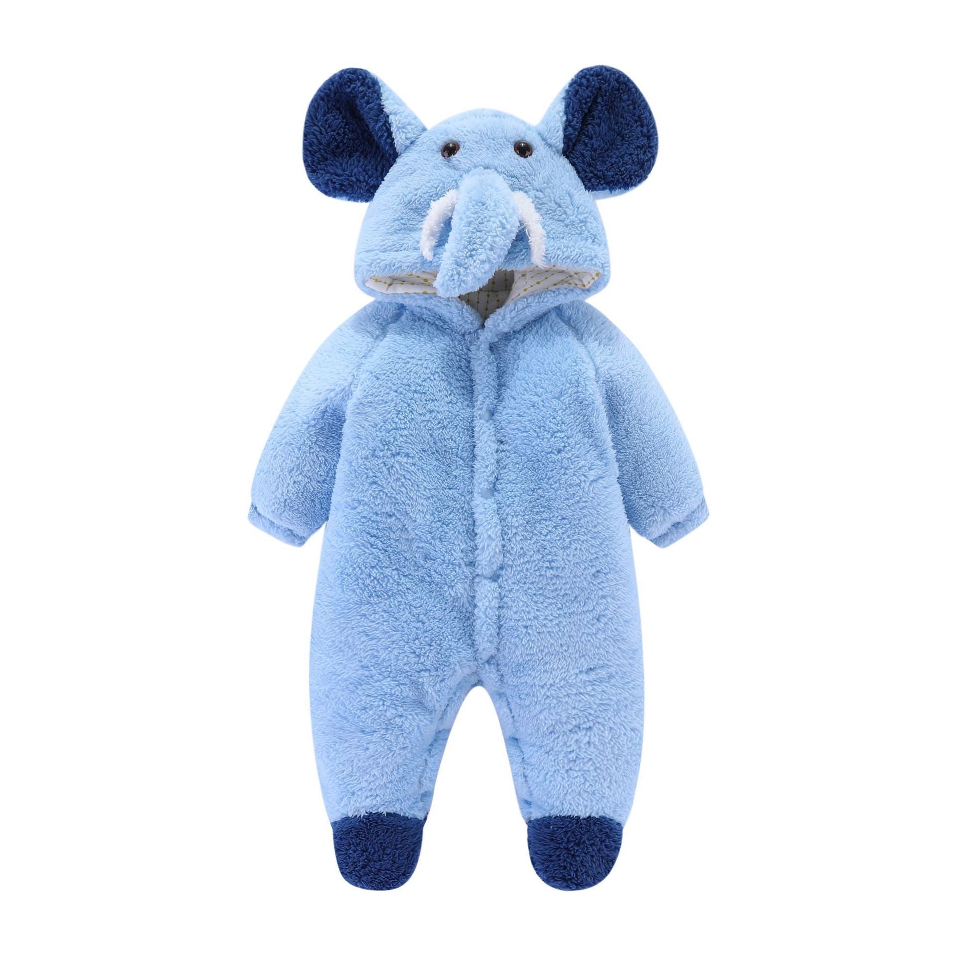 Soft fluffy baby romper with animal hood in plush fabric, cozy infant one-piece for newborns