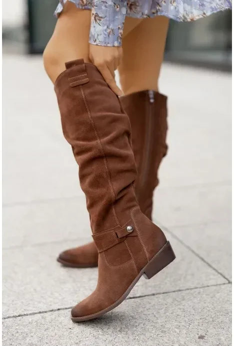 Women's knee-high boots retro elegant silhouette low heel versatile black leather-look fall winter