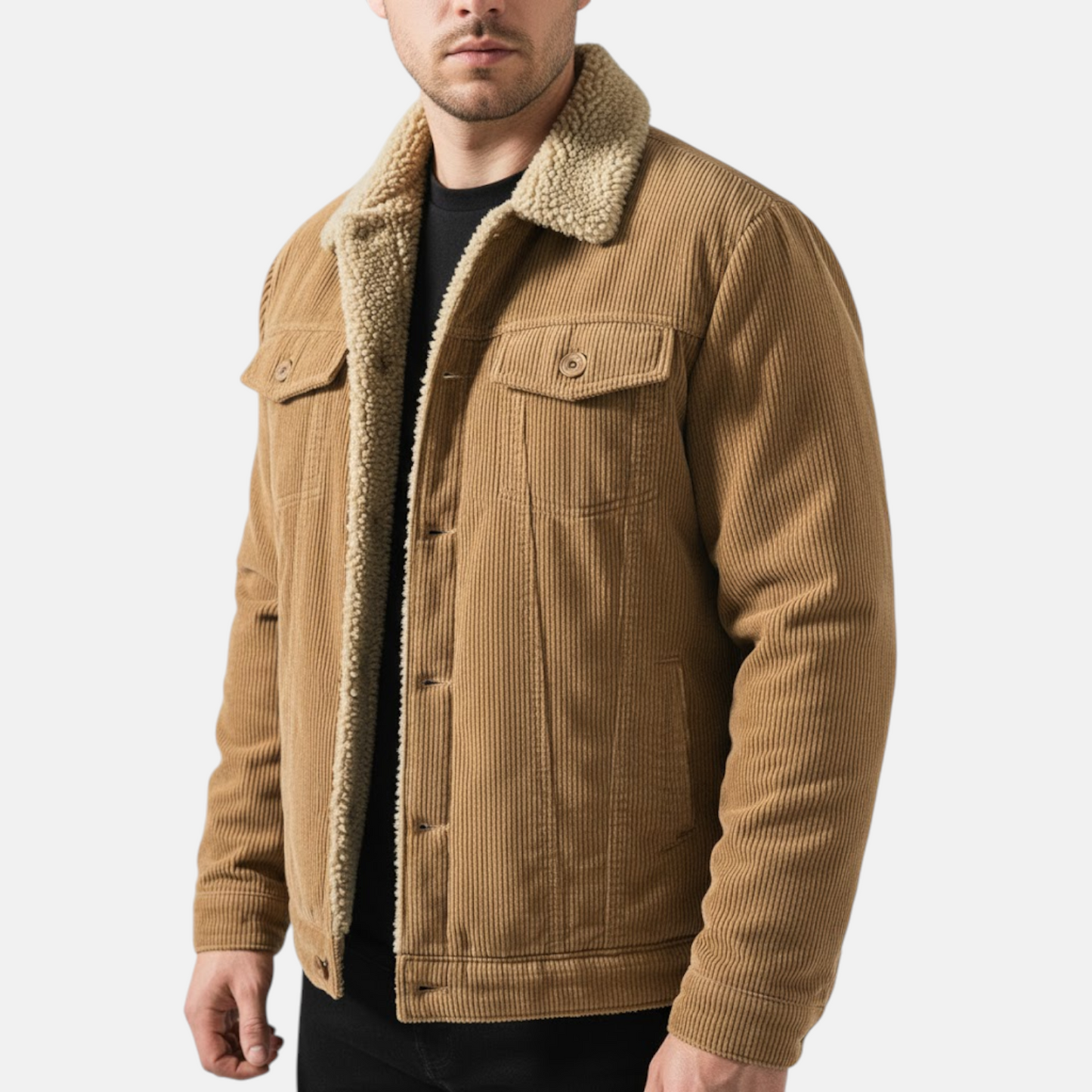 Men's brown corduroy jacket with plush teddy fleece lining, relaxed casual fit for winter warmth