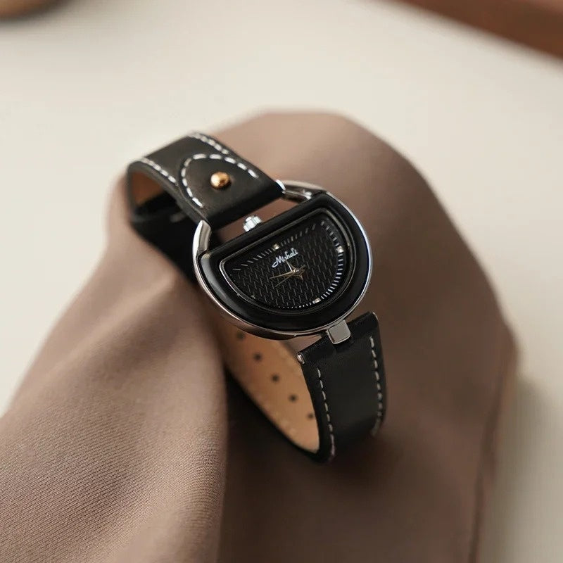 Aria half-moon vintage watch tortoiseshell bezel leather strap timeless elegant timepiece