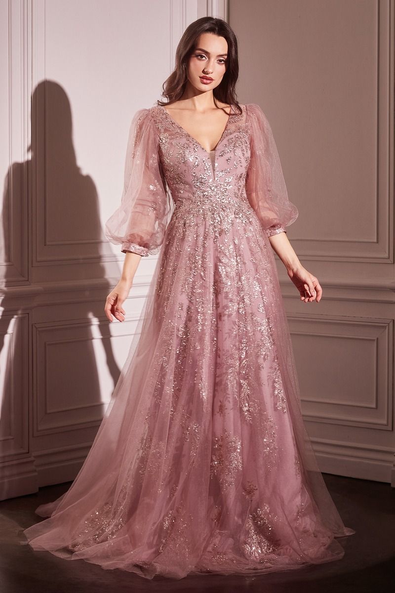 Modest long A-line mother of bride gown with floral embroidery, sequin accents, and flowing tulle skirt