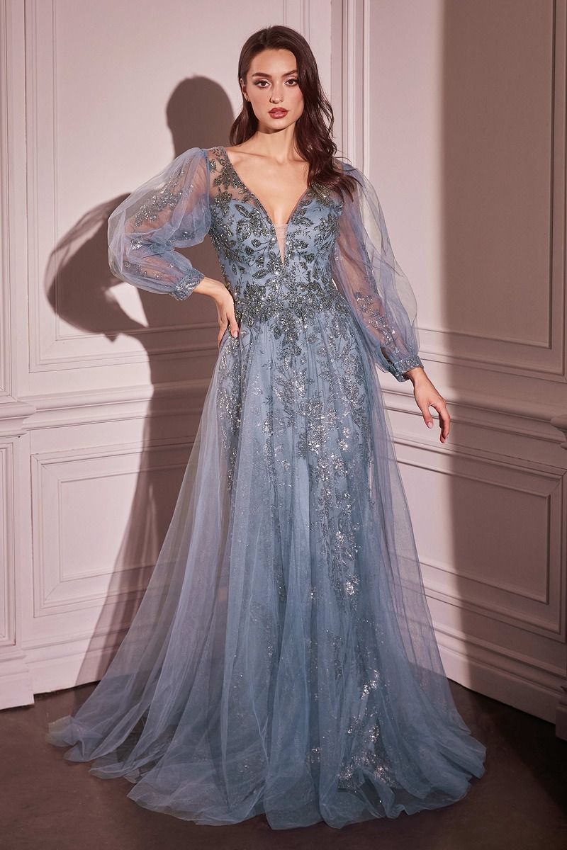 Dusty rose long A-line mother of bride gown with floral embroidery and sequin-accented tulle skirt