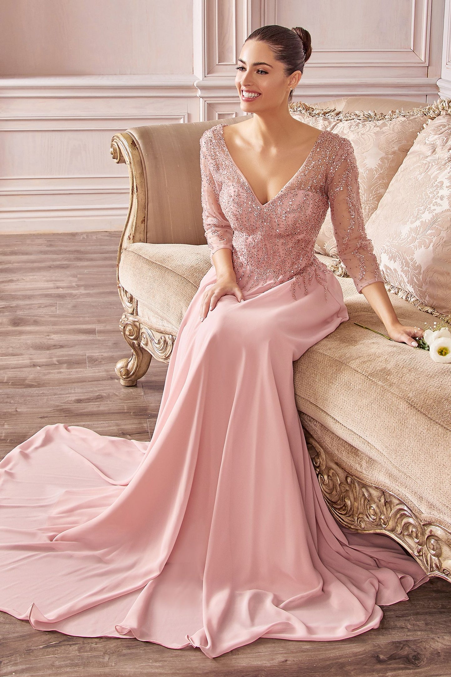 Long formal A-line evening gown beaded bodice sheer sleeves flowing chiffon skirt timeless elegance