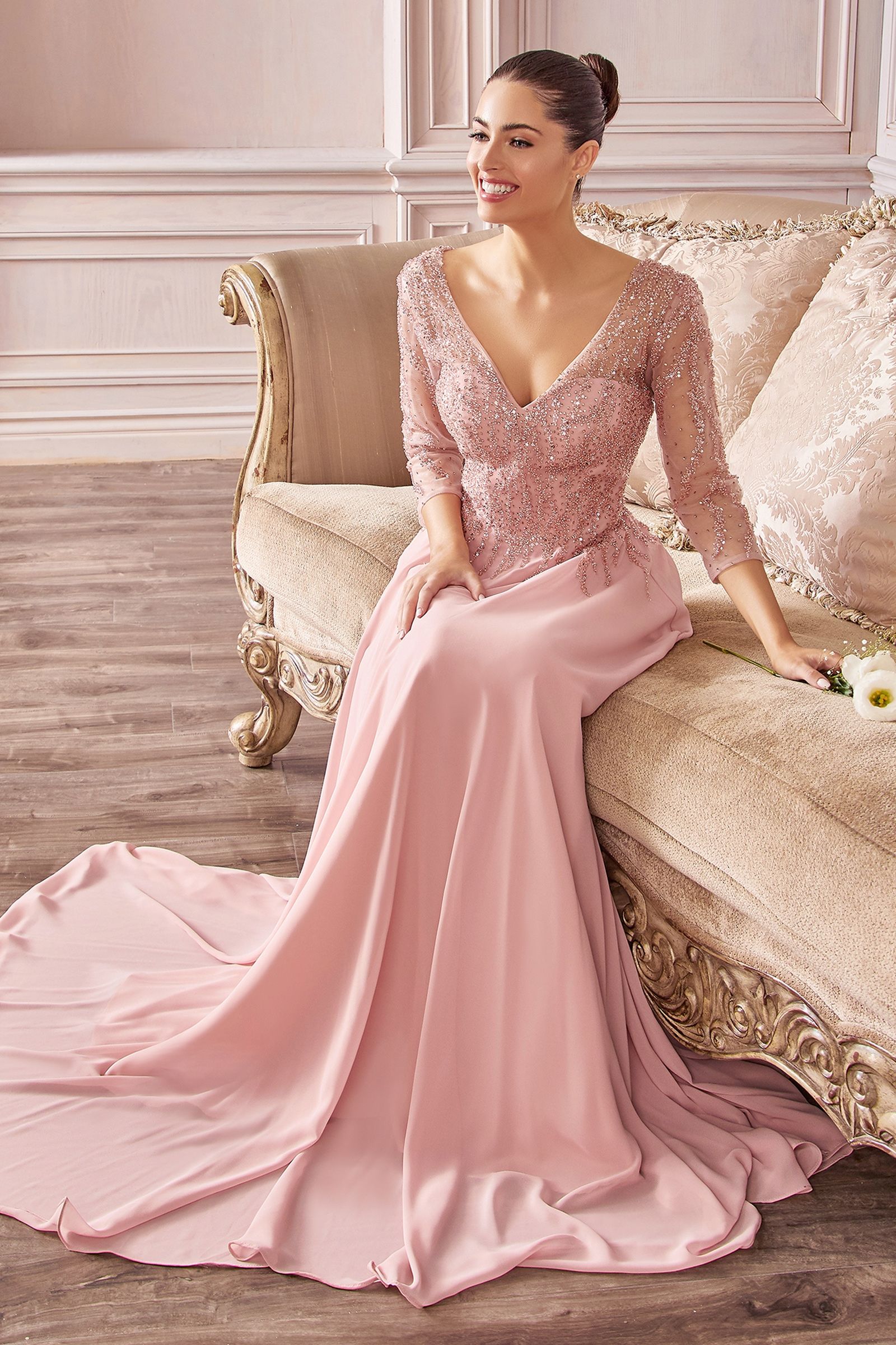 Long formal A-line evening gown beaded bodice sheer sleeves flowing chiffon skirt timeless elegance