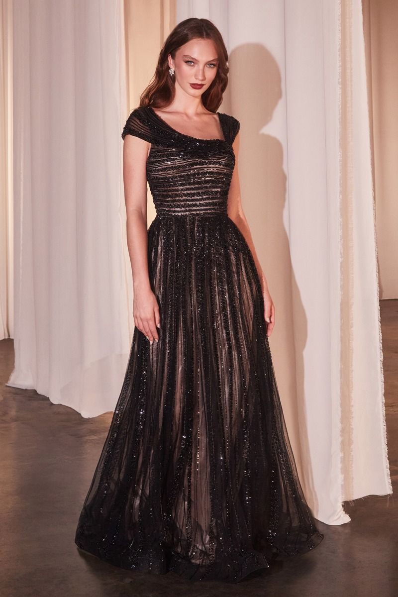 Beaded A-line floor-length evening gown with vertical sequin beadwork for formal occasions