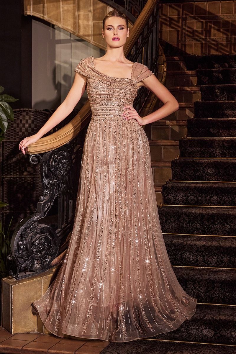 Beaded A-line floor-length evening gown with vertical sequin beadwork for formal occasions