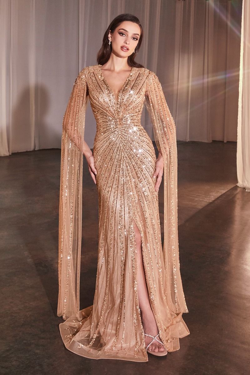 LaDivine long beaded sequin formal gown elegant V-neckline cape sleeves front slit mother of bride