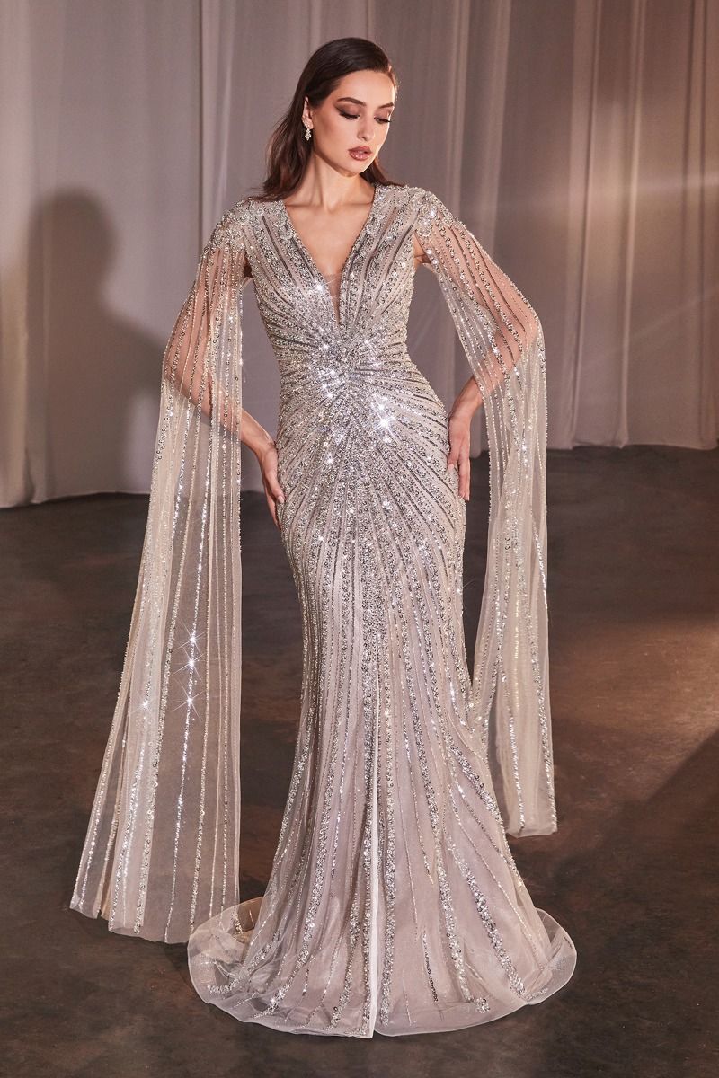 LaDivine long beaded sequin formal gown V-neckline cape sleeves front slit mother of bride dress