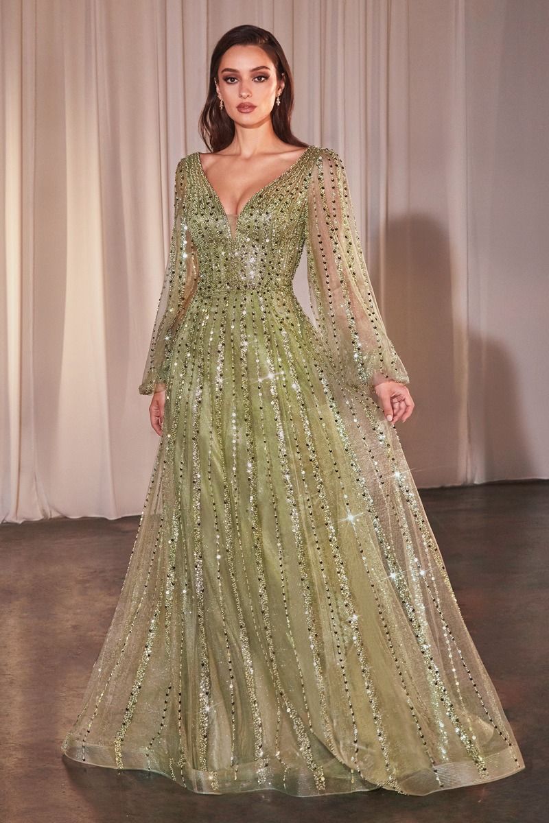LaDivine CD0240 elegant long A-line beaded gown deep V-neck sequin embellishments mother of bride