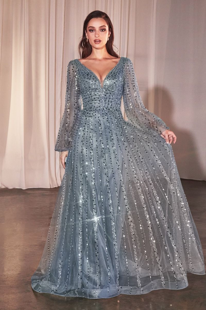 LaDivine CD0240 elegant long A-line beaded gown deep V-neck sequin embellishments mother of bride