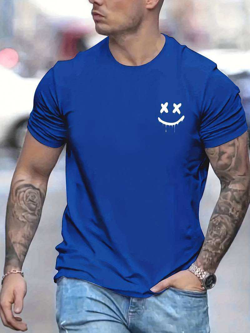 White crewneck tee with cheerful smiling Brandon graphic print, casual everyday relaxed fit