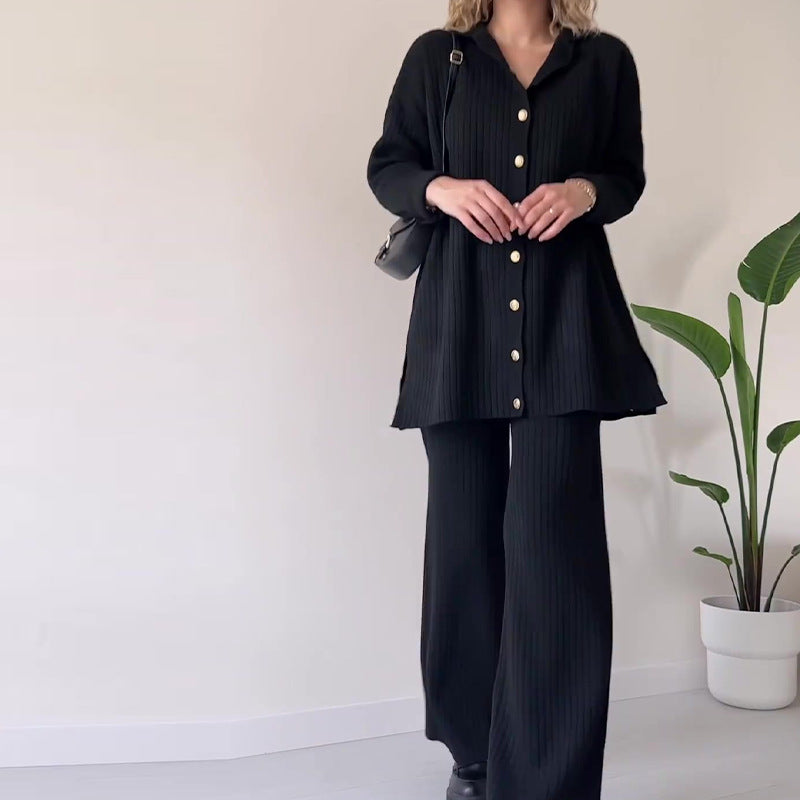 Women striped jacquard knit two-piece set cozy acrylic top and pants with elastic waist autumn winter