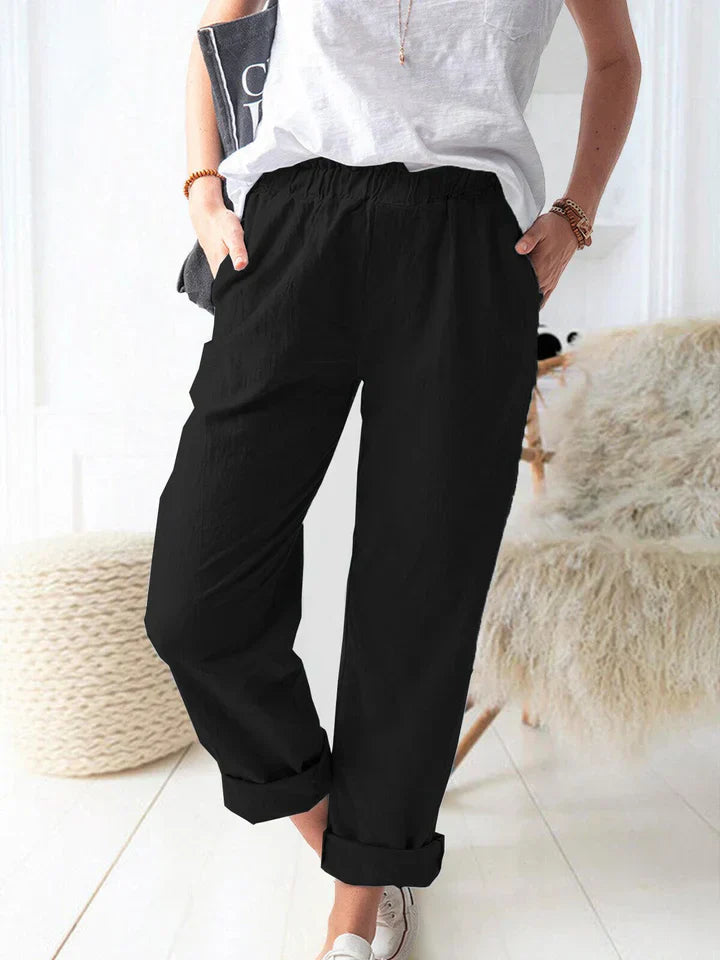 Unisex beige linen trousers relaxed fit with elastic waistband breathable warm-weather style