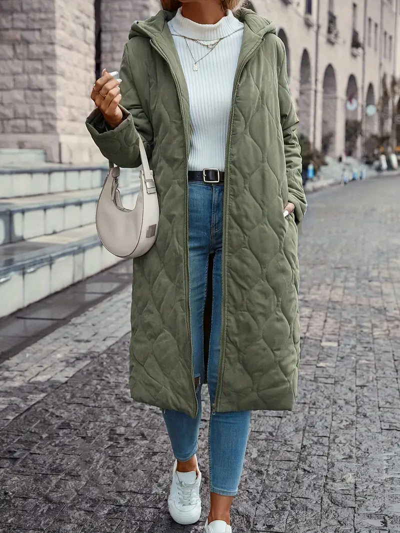 Women's quilted hooded coat cold weather cotton blend outerwear full zip cozy fit