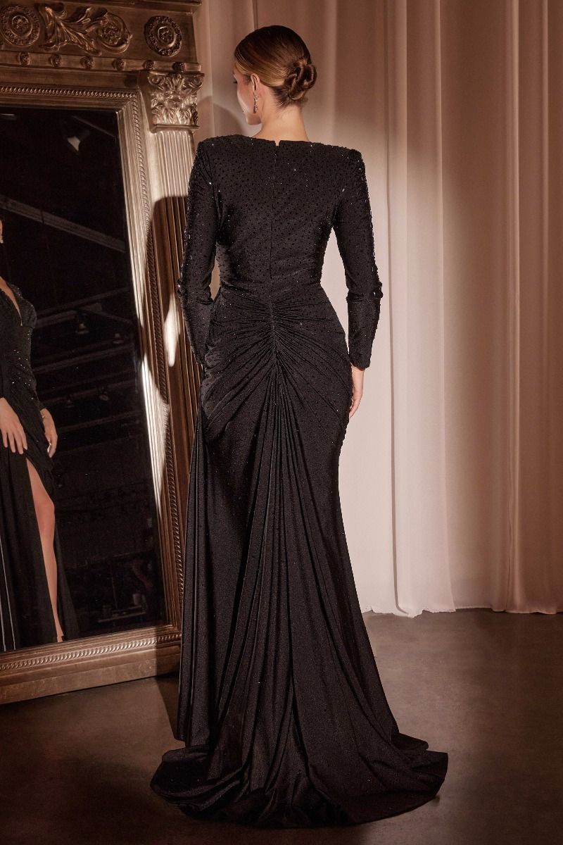 Navy blue long sleeve beaded evening gown V-neck ruched draped skirt high slit formal