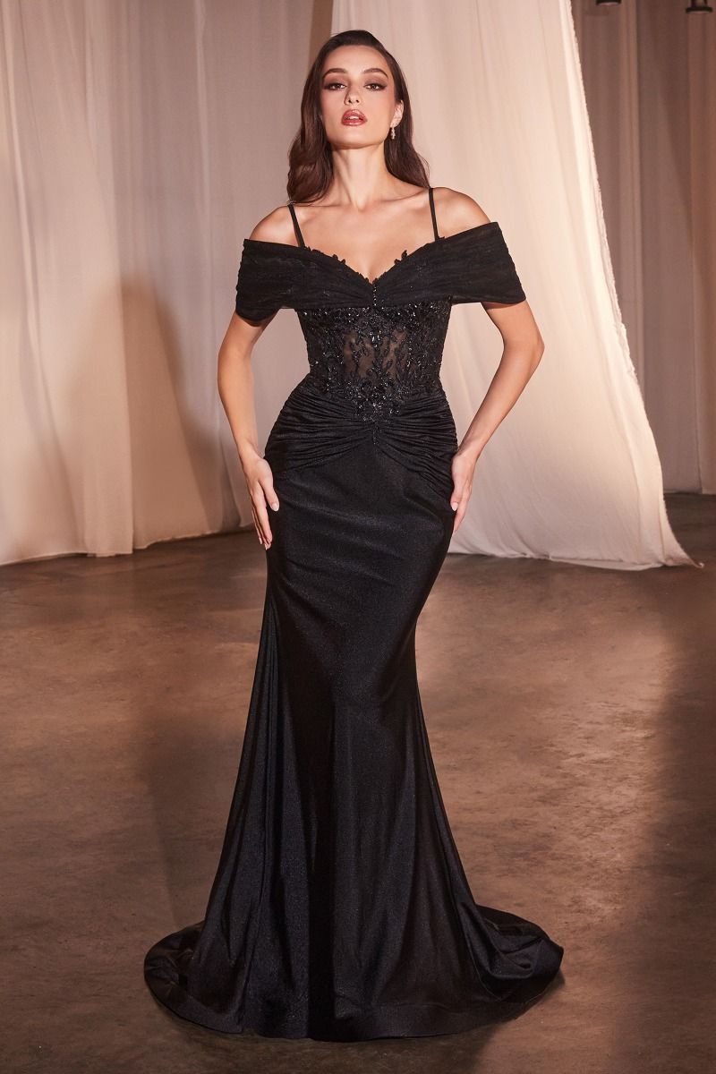 LaDivine CD798 fitted formal evening gown satin lace bodice off-shoulder silhouette floor-length