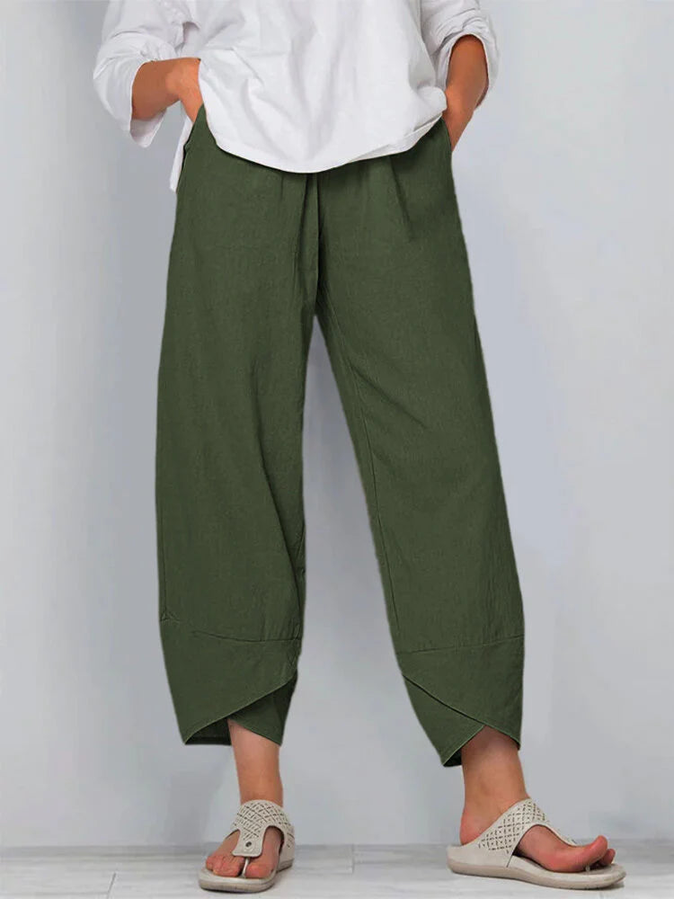 Women's cotton linen ankle pants relaxed fit elastic waist with angled pockets casual solid color