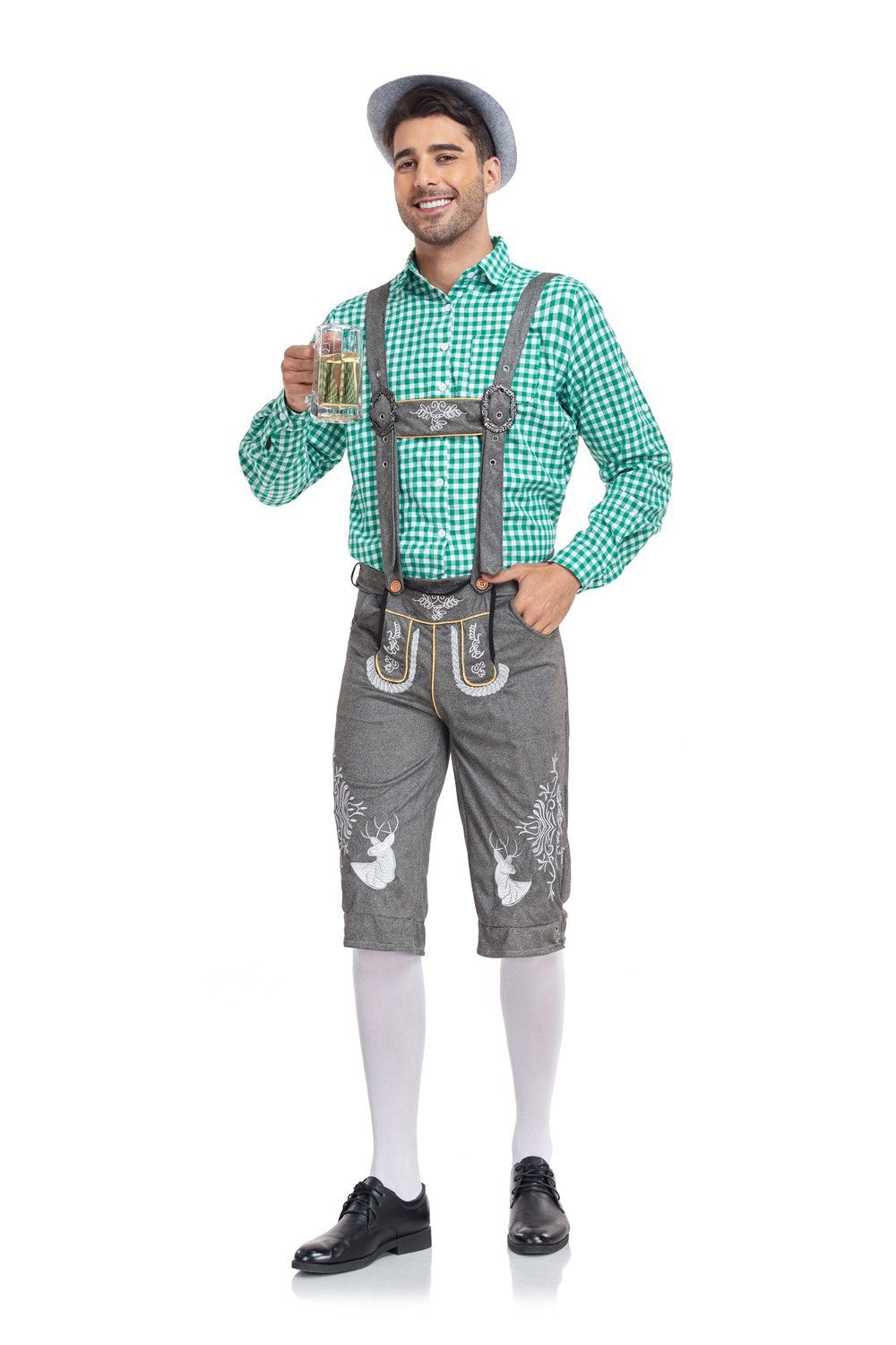 Men's traditional Oktoberfest Bavarian costume with lederhosen-style suspenders, complete shirt and pants set